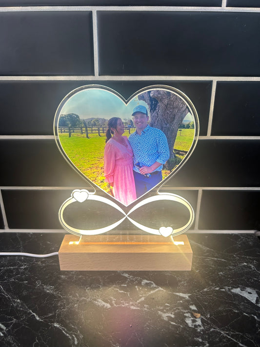 Cherish Your Memories: Personalized Picture in Acrylic Heart Plaque with USB Warm LED Light & Wooden Stand