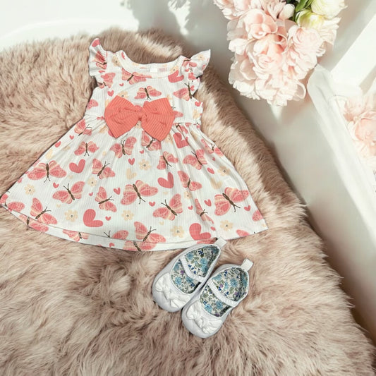 "Adorable Butterflies Baby Girl Dress with Matching White Bow Tie Shoes!"