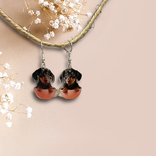 Quirky Dachshund in Teacup Earrings: Charming Delight