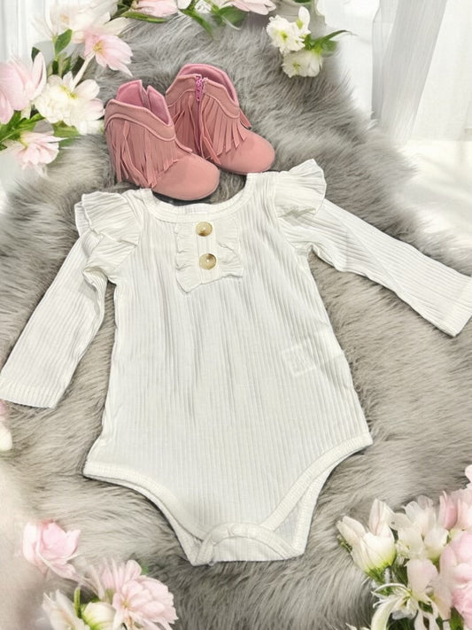 Adorable Baby Ensemble: White Bodysuit with Pink Tassel Ankle Boots