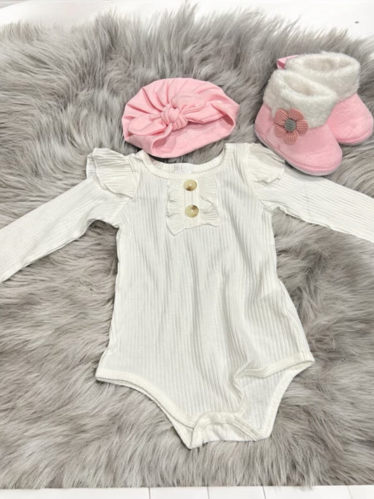 "Charming White Bodysuit Set: Fitted Beanie & Pink Booties Included!"