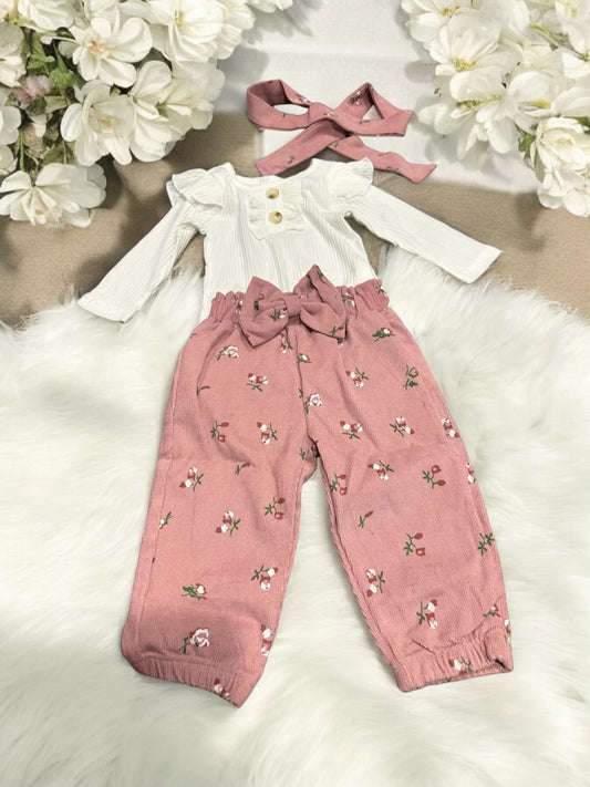 Sweet Baby Outfit: Charming Bodysuit, Floral Pants, and Headband Set!