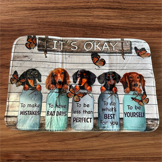 Encouraging Dachshund Doormat: “It’s Okay” with Puppy Wisdom