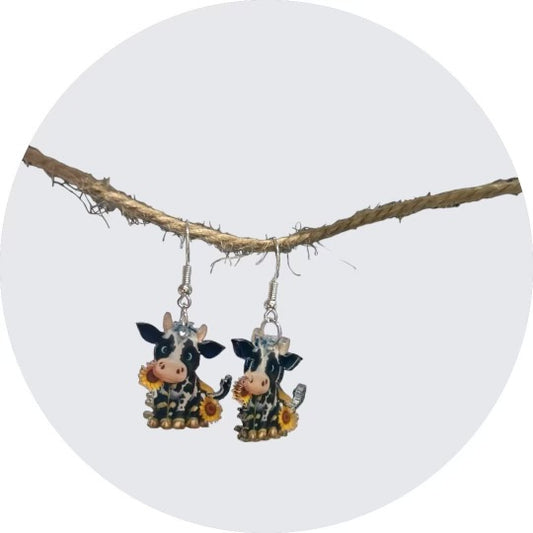 Charming Cow Earrings: Adorable Black and White Cow with Sunflowers!