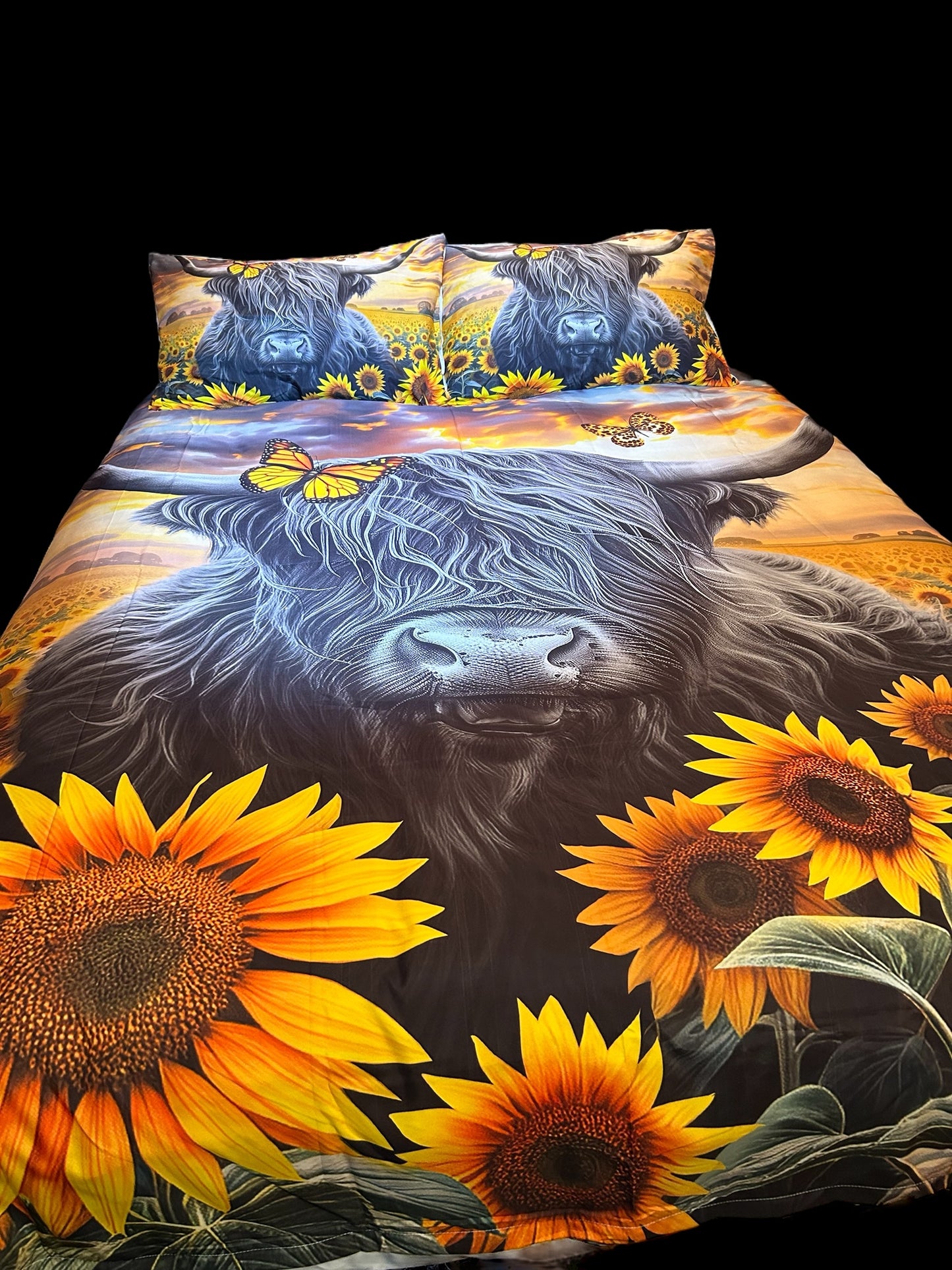 Highlander Cow Doona Cover: Unique Beauty in a Sunflower Field!