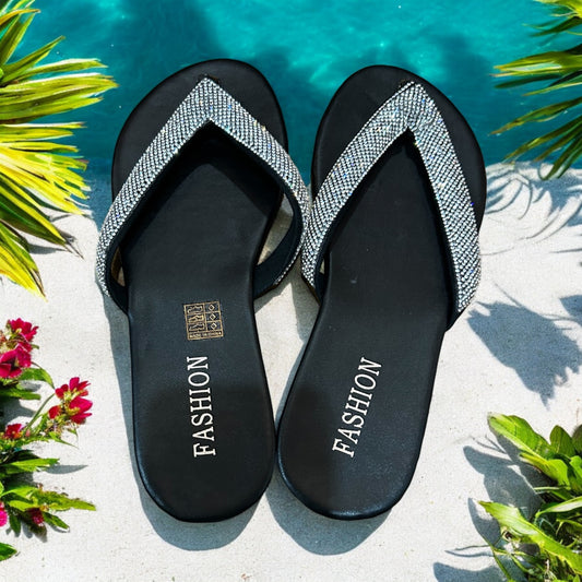 Stylish Summer Flip Flops: Choose Black or Silver with Bling