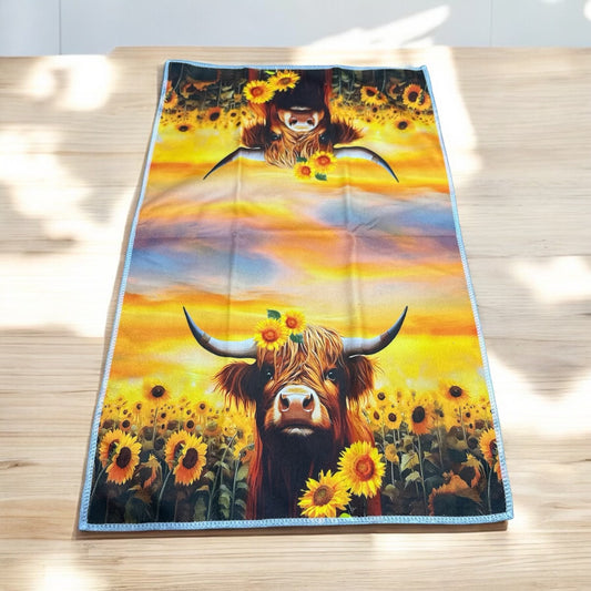 Charming Highlander Cow Kitchen Towel: Sunset Serenity!