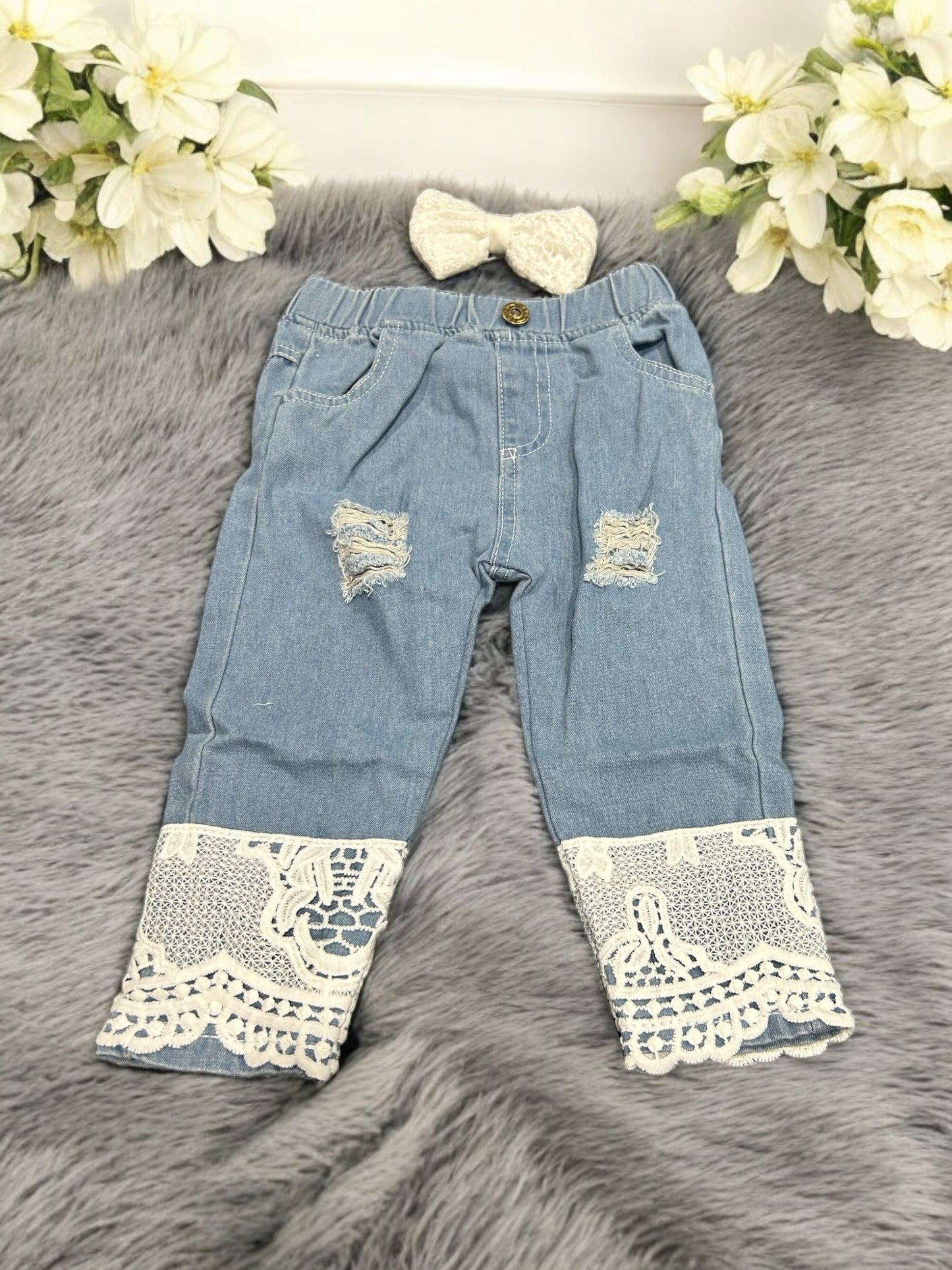 Chic & Fun: Blue Jean Lookalike Pants with Stylish Lace & Bow Tie