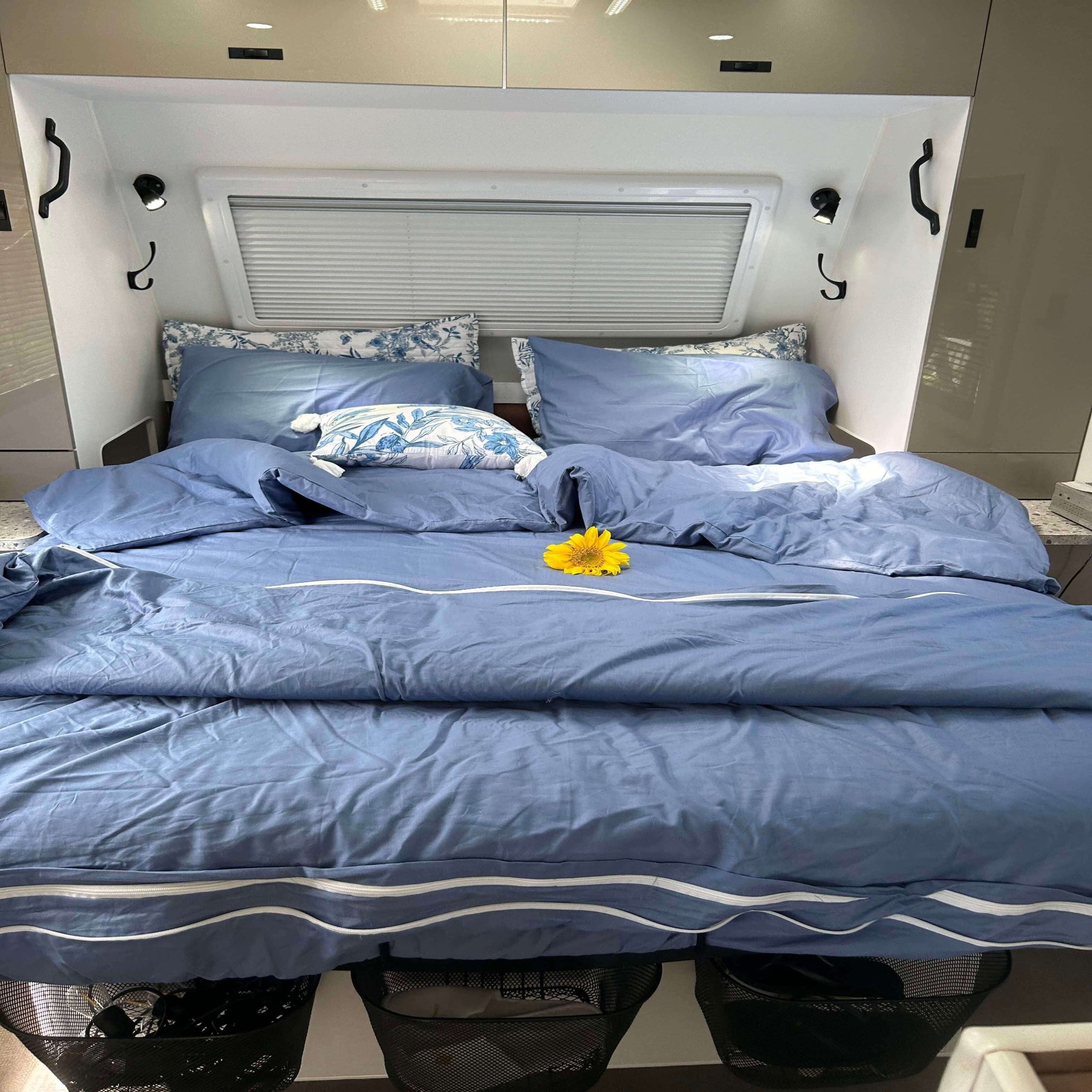 End of the Caravan Bedding showing the Zippers at the base of the bed, top zipper is for attaching Flat sheet to fitted sheet and bottom zipper is for attaching Doona/Doona cover 