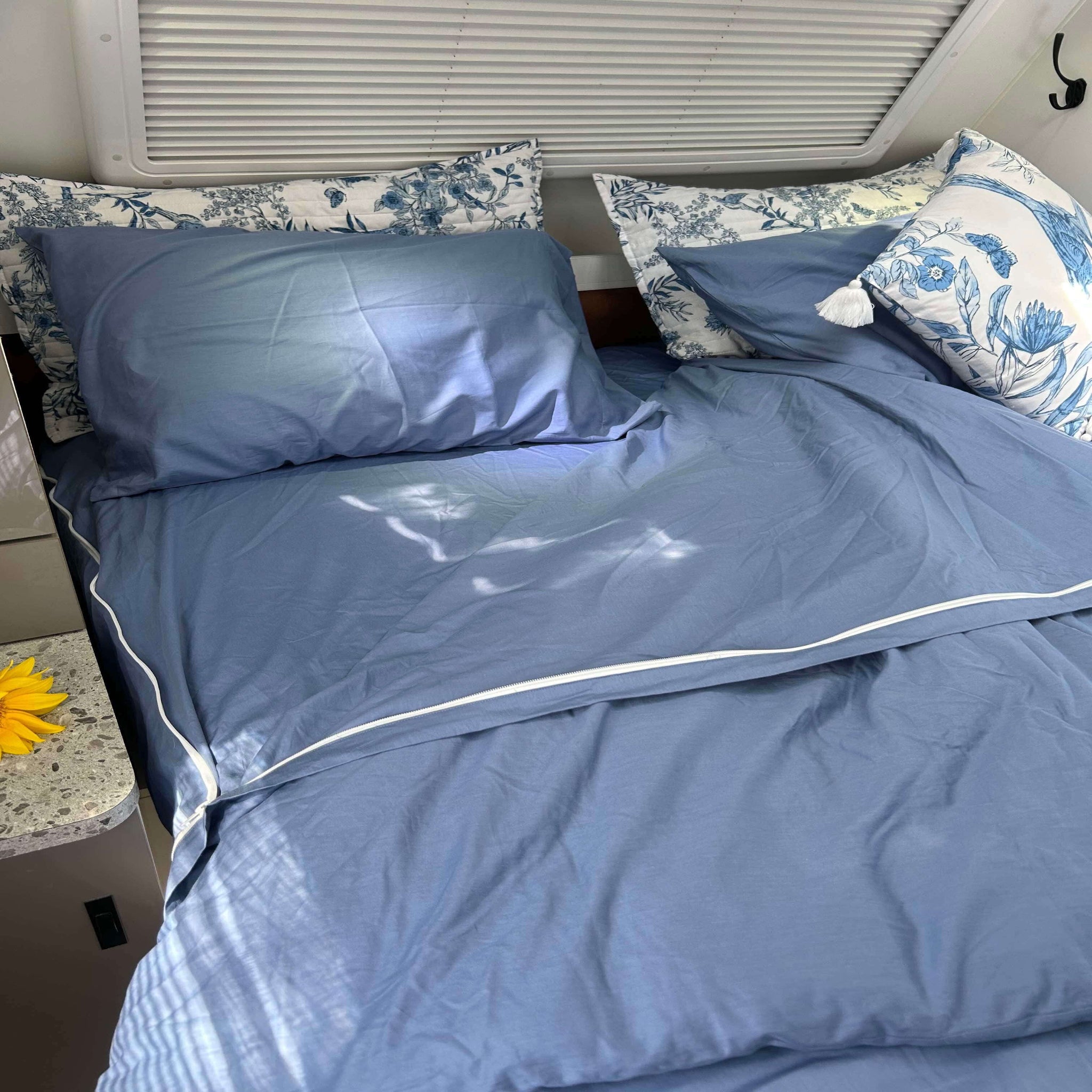 Caravan Bedding Close Up Left Hand Side of bed 