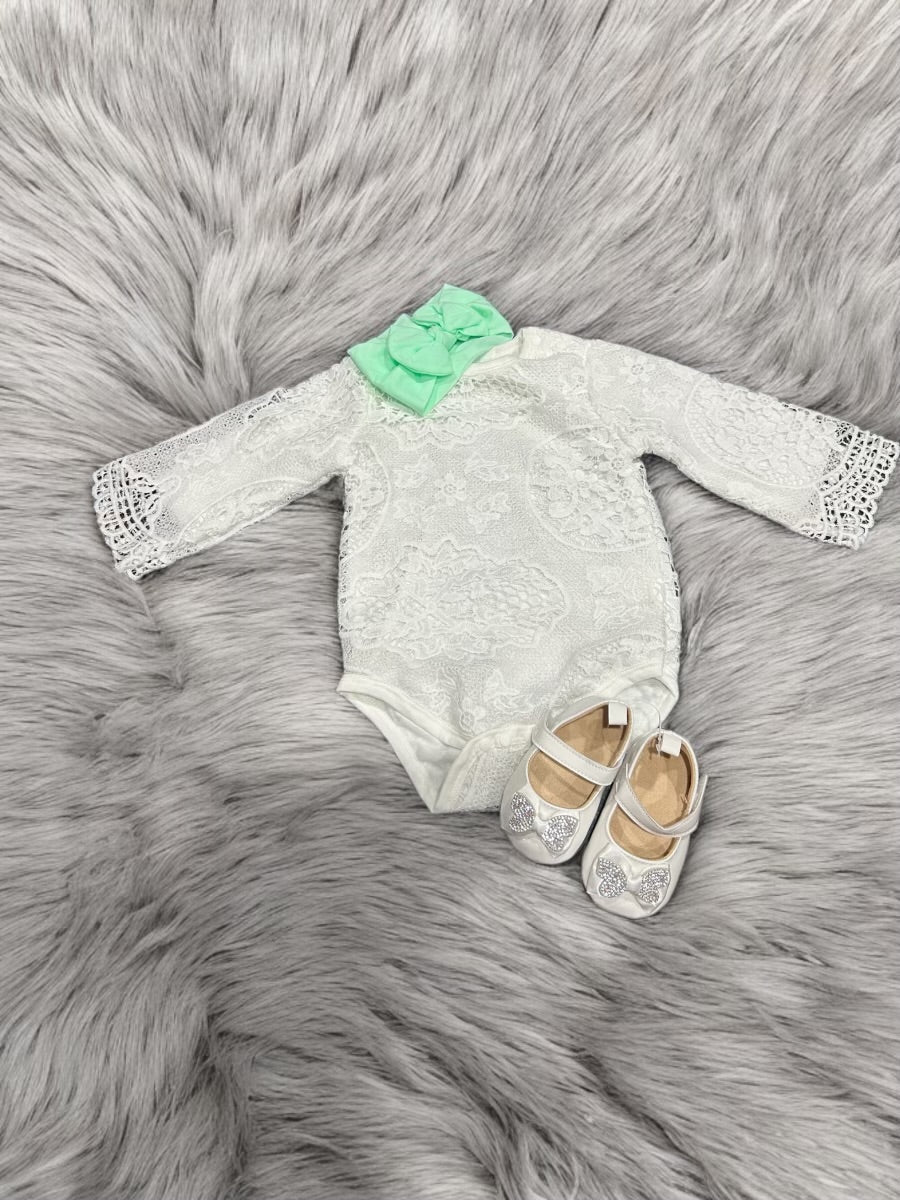 Adorable Elegance: Stunning Lace Bodysuit with Bow Tie & Shoes Set