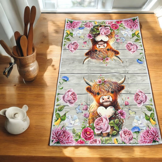 Enchanting Kitchen Towel: Highlander Cow Surrounded by Floral Beauty!