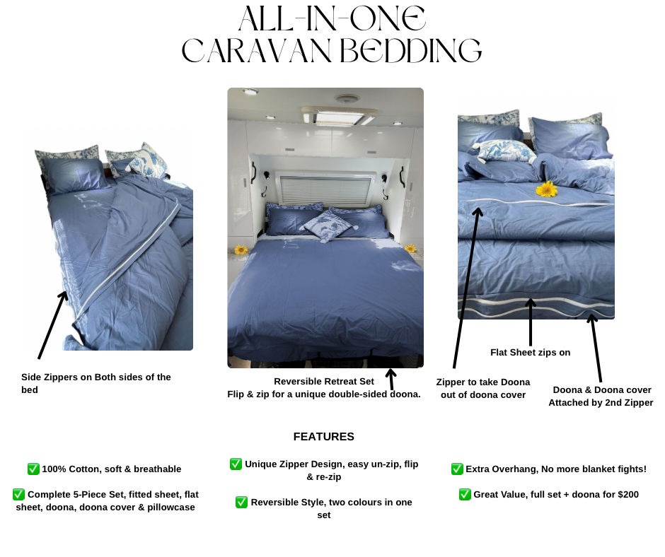 Reversible Retreat Set: All-in-One Zip-On Caravan Bedding Set Reversible Including Doona & Doona Cover