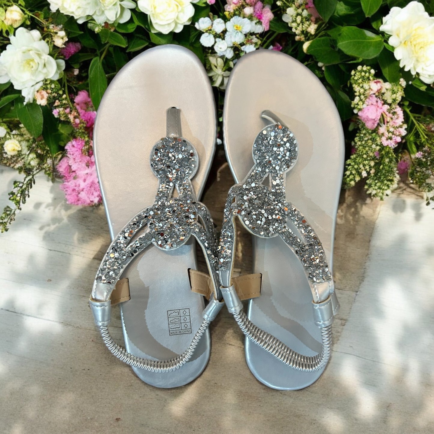 Dazzling Elegance: Ladies Silver Shimmering Rhinestone Flat Sandals