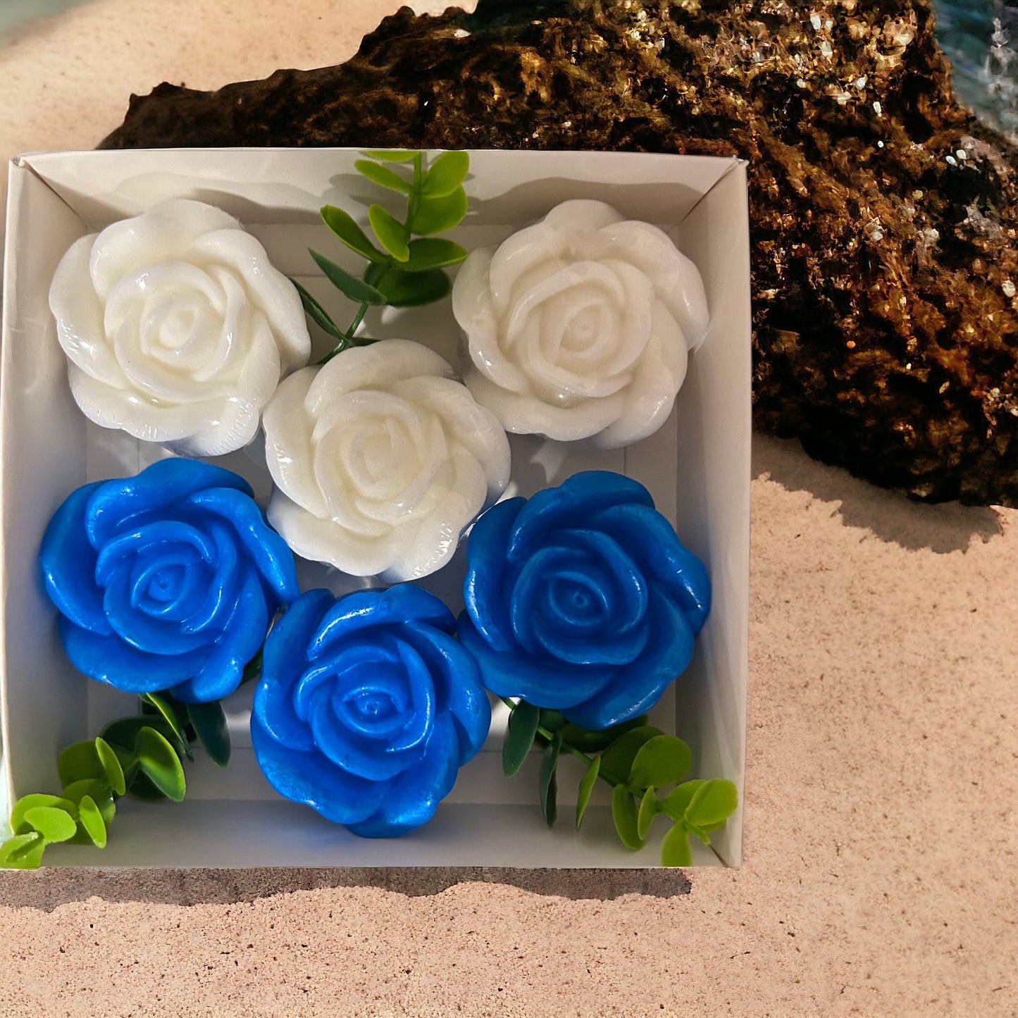 Charming Rose-Shaped Soap Collection: Royal Blue & White Elegance