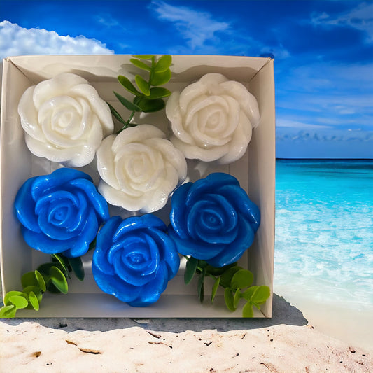 Charming Rose-Shaped Soap Collection: Royal Blue & White Elegance