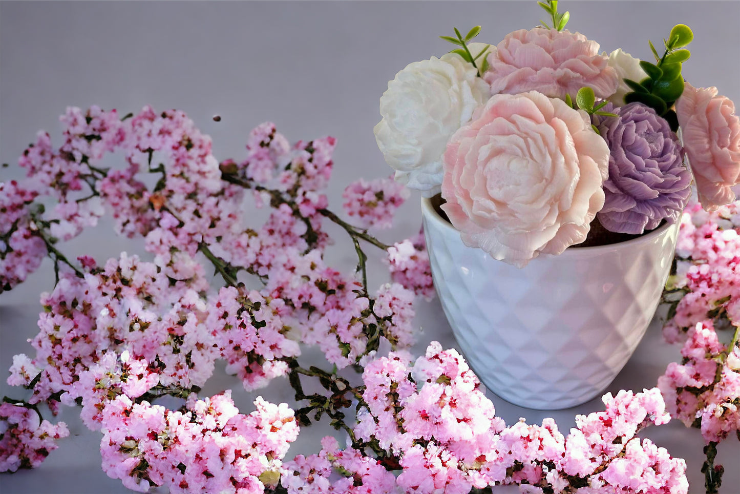 Elegant Handmade Pastel Soap Flowers in a Charming White Pot!