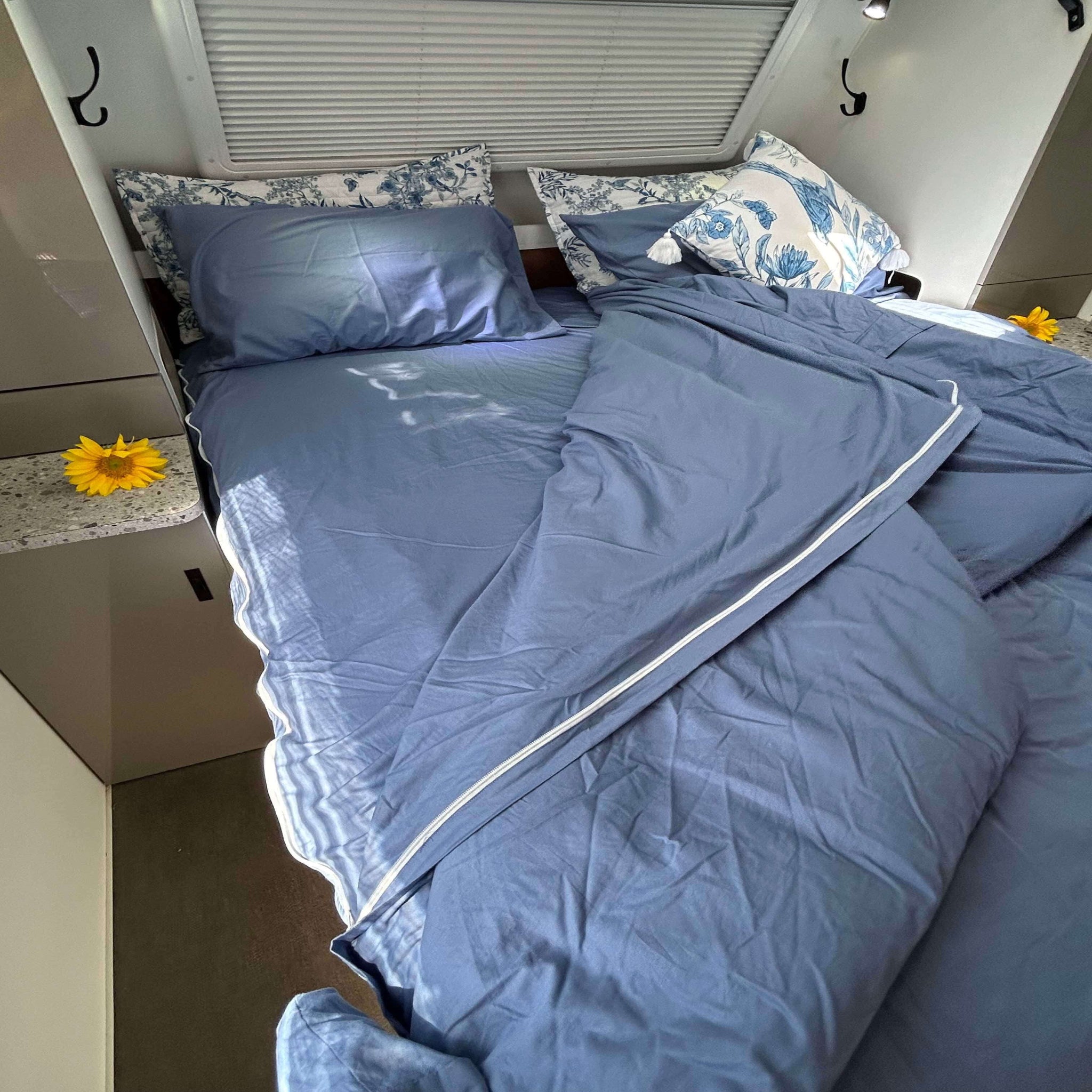 Caravan Bedding Left Hand side of the bed with unzipped to showcase design